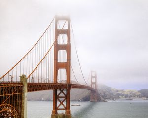 Preview wallpaper bridge, river, ship, fog