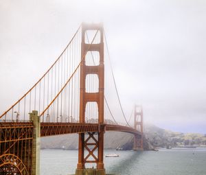 Preview wallpaper bridge, river, ship, fog