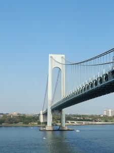 Preview wallpaper bridge, river, shore, sky, architecture