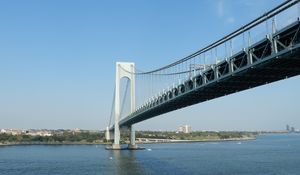 Preview wallpaper bridge, river, shore, sky, architecture