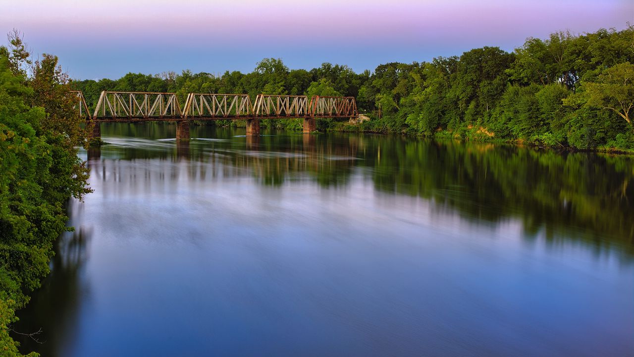 Wallpaper bridge, river, smooth surface, clouds, sky, colors, trees, design, lilac