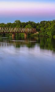 Preview wallpaper bridge, river, smooth surface, clouds, sky, colors, trees, design, lilac