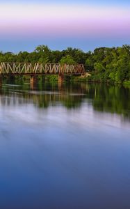 Preview wallpaper bridge, river, smooth surface, clouds, sky, colors, trees, design, lilac