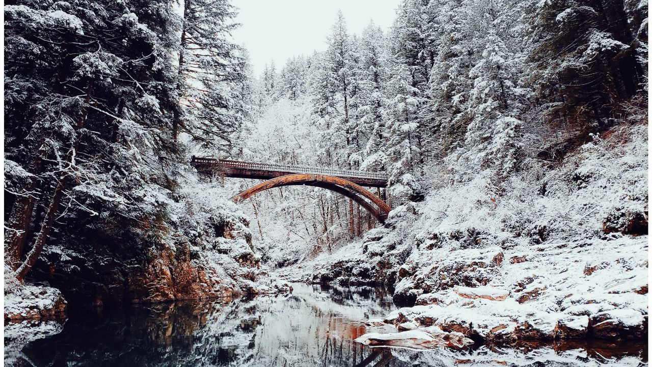 Wallpaper bridge, river, snow, winter, landscape