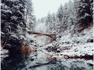 Preview wallpaper bridge, river, snow, winter, landscape