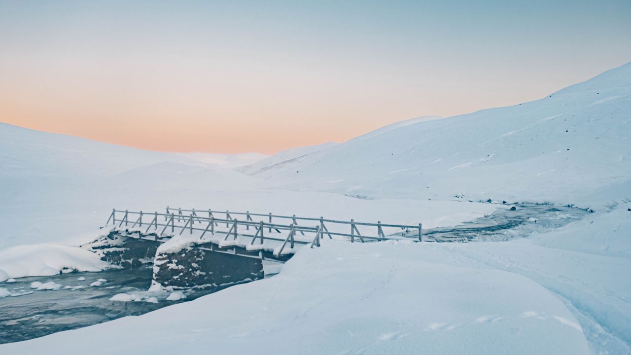 Wallpaper bridge, river, snow, winter