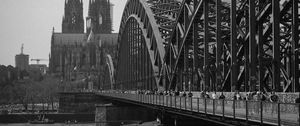 Preview wallpaper bridge, river, towers, buildings, black and white