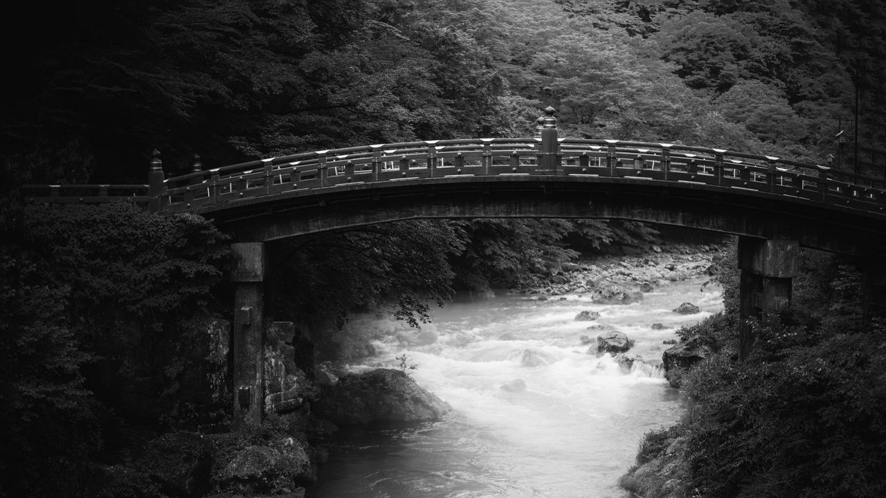 Wallpaper bridge, river, trees, stones, black and white