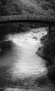 Preview wallpaper bridge, river, trees, stones, black and white