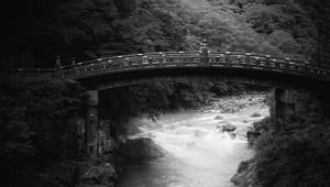 Preview wallpaper bridge, river, trees, stones, black and white