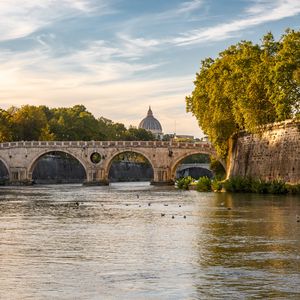 Preview wallpaper bridge, river, trees, dome, sky