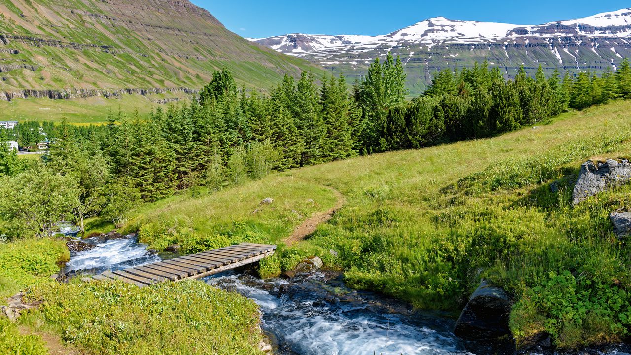 Wallpaper bridge, river, trees, mountains, hills, nature