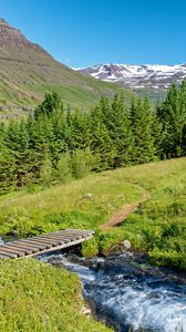 Preview wallpaper bridge, river, trees, mountains, hills, nature