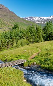 Preview wallpaper bridge, river, trees, mountains, hills, nature