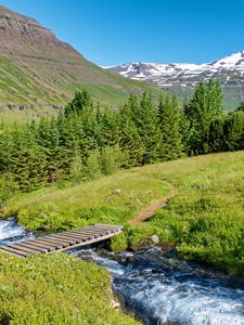 Preview wallpaper bridge, river, trees, mountains, hills, nature