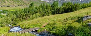 Preview wallpaper bridge, river, trees, mountains, hills, nature