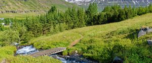 Preview wallpaper bridge, river, trees, mountains, hills, nature