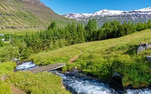 Preview wallpaper bridge, river, trees, mountains, hills, nature