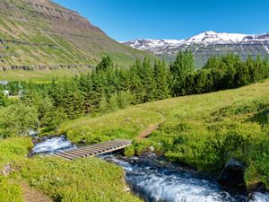 Preview wallpaper bridge, river, trees, mountains, hills, nature