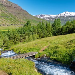 Preview wallpaper bridge, river, trees, mountains, hills, nature