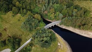 Preview wallpaper bridge, river, trees, aerial view, nature