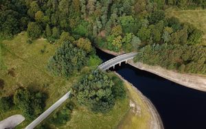 Preview wallpaper bridge, river, trees, aerial view, nature
