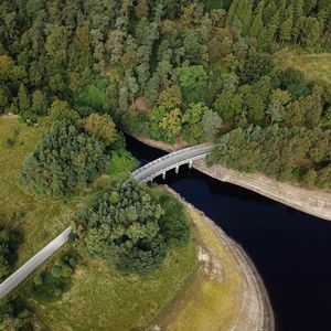 Preview wallpaper bridge, river, trees, aerial view, nature