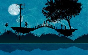 Preview wallpaper bridge, river, trees, people, silhouette