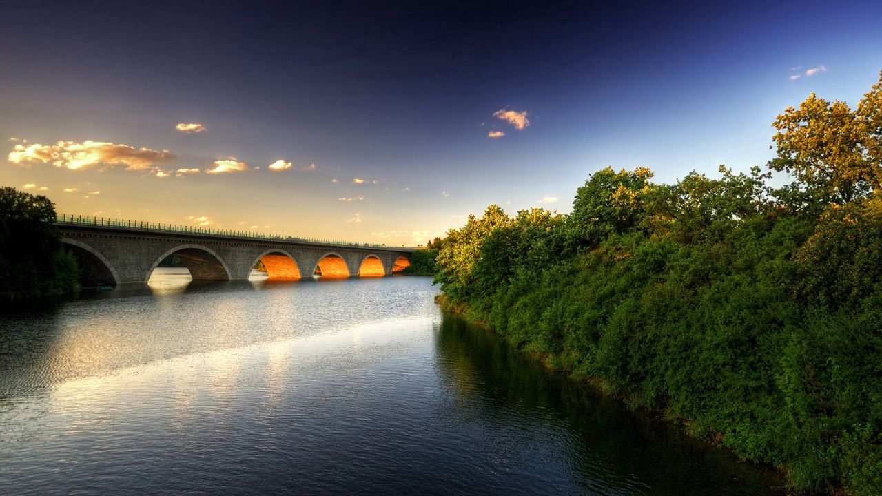 Wallpaper bridge, river, trees, sky
