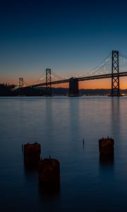 Preview wallpaper bridge, river, twilight, evening, water, pillars