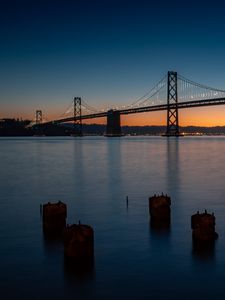 Preview wallpaper bridge, river, twilight, evening, water, pillars