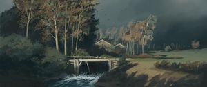 Preview wallpaper bridge, river, village, paints, art