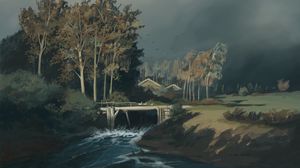 Preview wallpaper bridge, river, village, paints, art