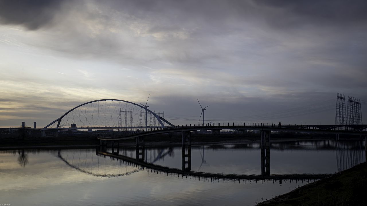 Wallpaper bridge, river, water, reflection, clouds, sky