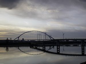 Preview wallpaper bridge, river, water, reflection, clouds, sky