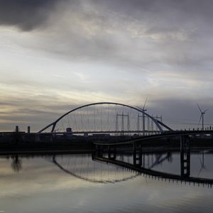 Preview wallpaper bridge, river, water, reflection, clouds, sky