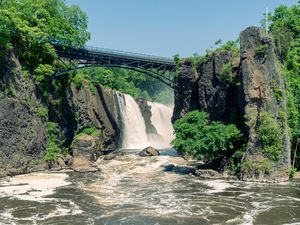 Preview wallpaper bridge, river, waterfall, nature