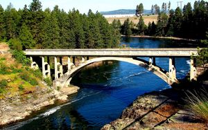 Preview wallpaper bridge, river, wood, trees