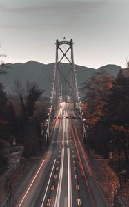 Preview wallpaper bridge, road, aerial view, mountains, long exposure