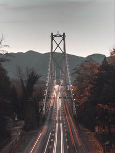 Preview wallpaper bridge, road, aerial view, mountains, long exposure