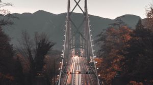 Preview wallpaper bridge, road, aerial view, mountains, long exposure