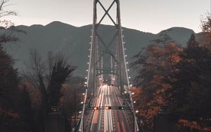 Preview wallpaper bridge, road, aerial view, mountains, long exposure