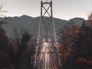 Preview wallpaper bridge, road, aerial view, mountains, long exposure