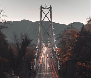 Preview wallpaper bridge, road, aerial view, mountains, long exposure