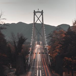 Preview wallpaper bridge, road, aerial view, mountains, long exposure