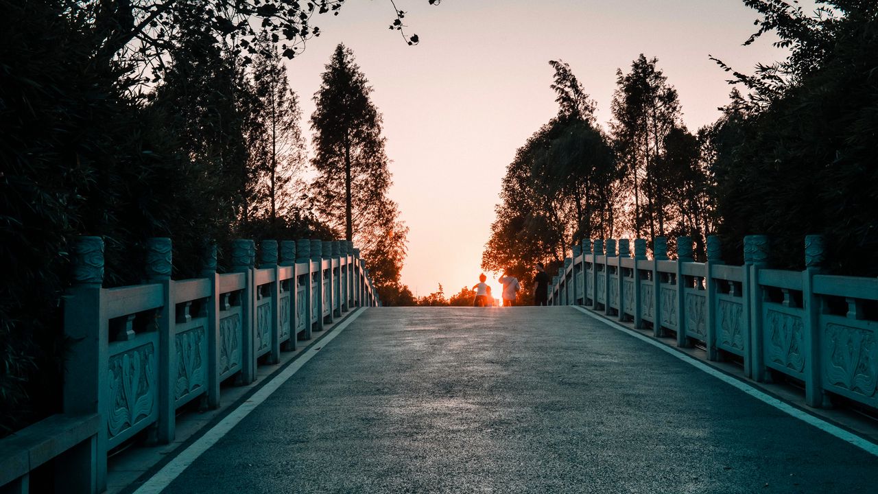 Wallpaper bridge, road, asphalt, sunset, dusk