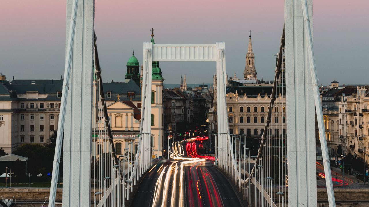 Wallpaper bridge, road, buildings, long exposure, architecture