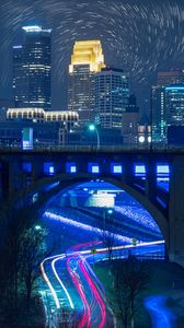 Preview wallpaper bridge, road, buildings, city, night, lights