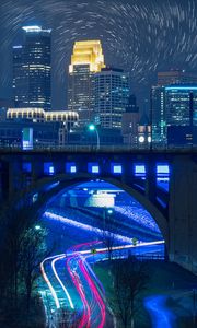 Preview wallpaper bridge, road, buildings, city, night, lights