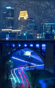 Preview wallpaper bridge, road, buildings, city, night, lights
